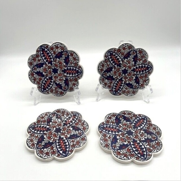 Hand Painted Turkish Ceramic Coasters Set of 4 White, Red, Blue CottageCore - Picture 1 of 5